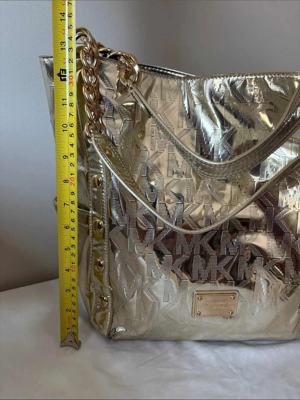 Michael Kors Shiny Metallic Gold Logo-Embossed Tote